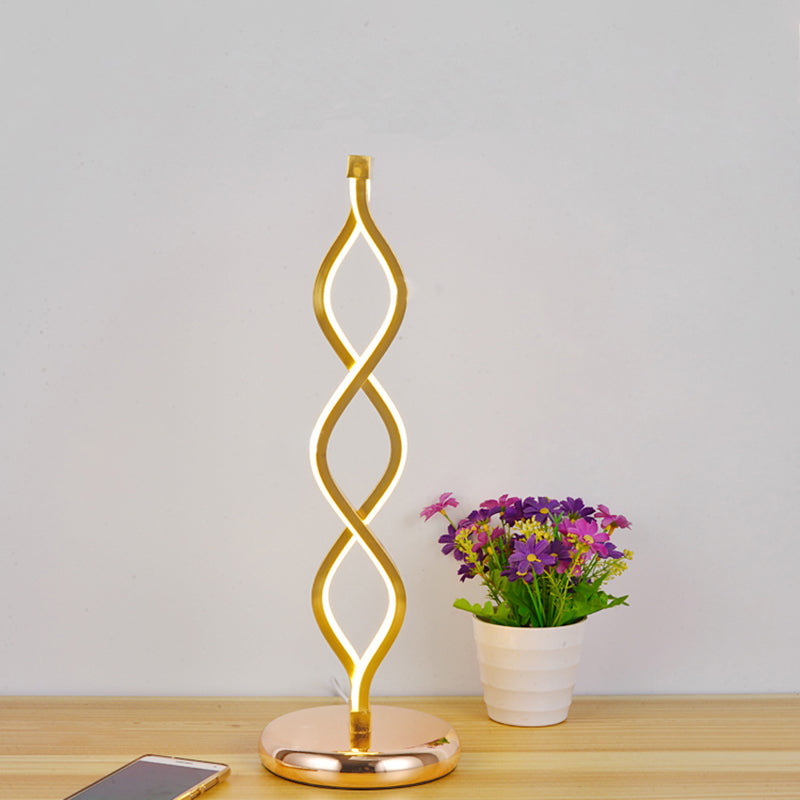 Gold Wavy Strip Table Lamp Art Deco LED Aluminum Nightstand Light with Plug-in Cord