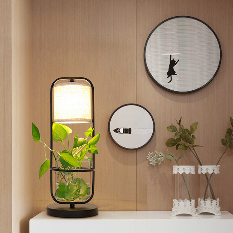 Cylindrical Fabric Table Light Art Deco 1 Bulb Black Night Lamp with Clear Glass Jar