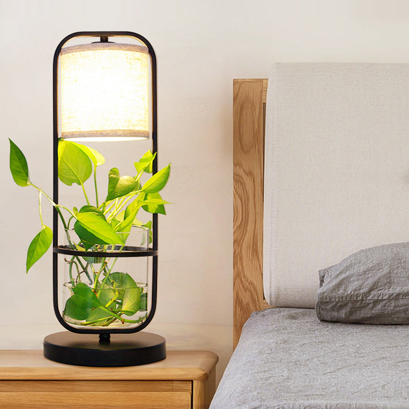 Cylindrical Fabric Table Light Art Deco 1 Bulb Black Night Lamp with Clear Glass Jar