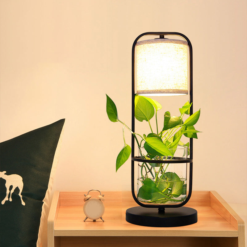 Cylindrical Fabric Table Light Art Deco 1 Bulb Black Night Lamp with Clear Glass Jar