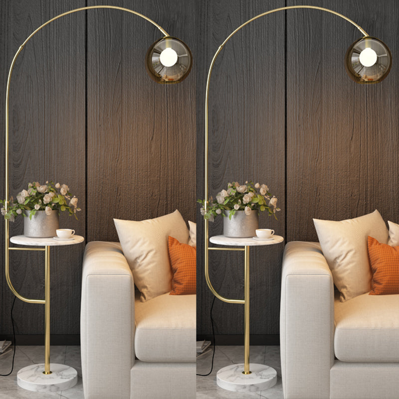 Fishing Rod Living Room Standing Lamp Metal Single Postmodern Tray Floor Light with Ball Smoke Grey Glass Shade