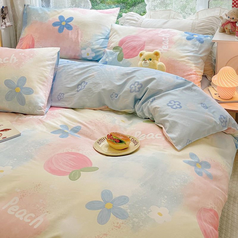 Pink Peach Blue Flower Bedding Set Washable 60s Cotton Duvet Cover Bedding Set