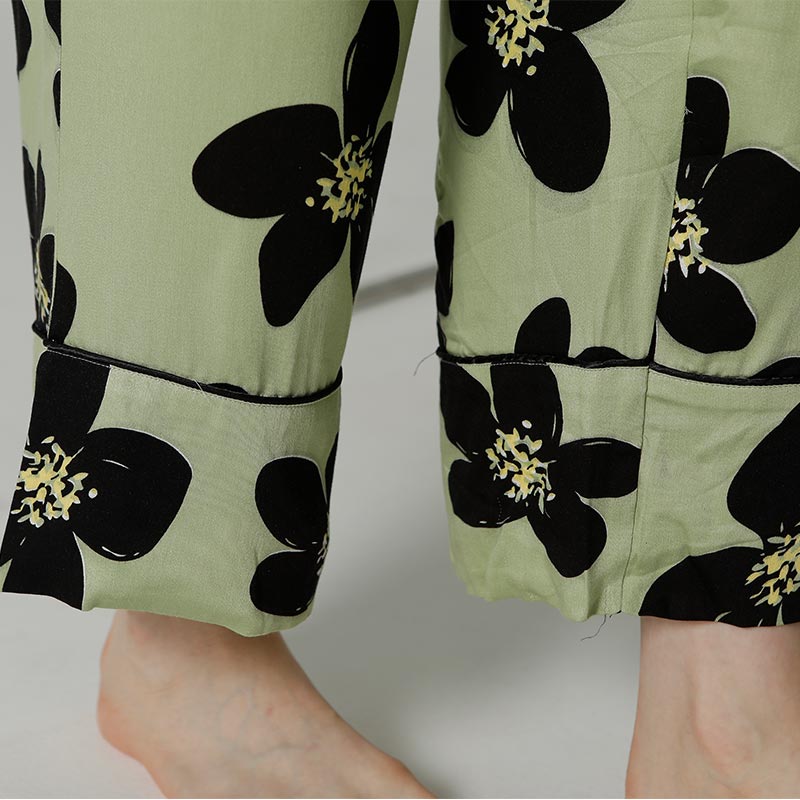 Black Flower Satin Pajama Set Loungewear