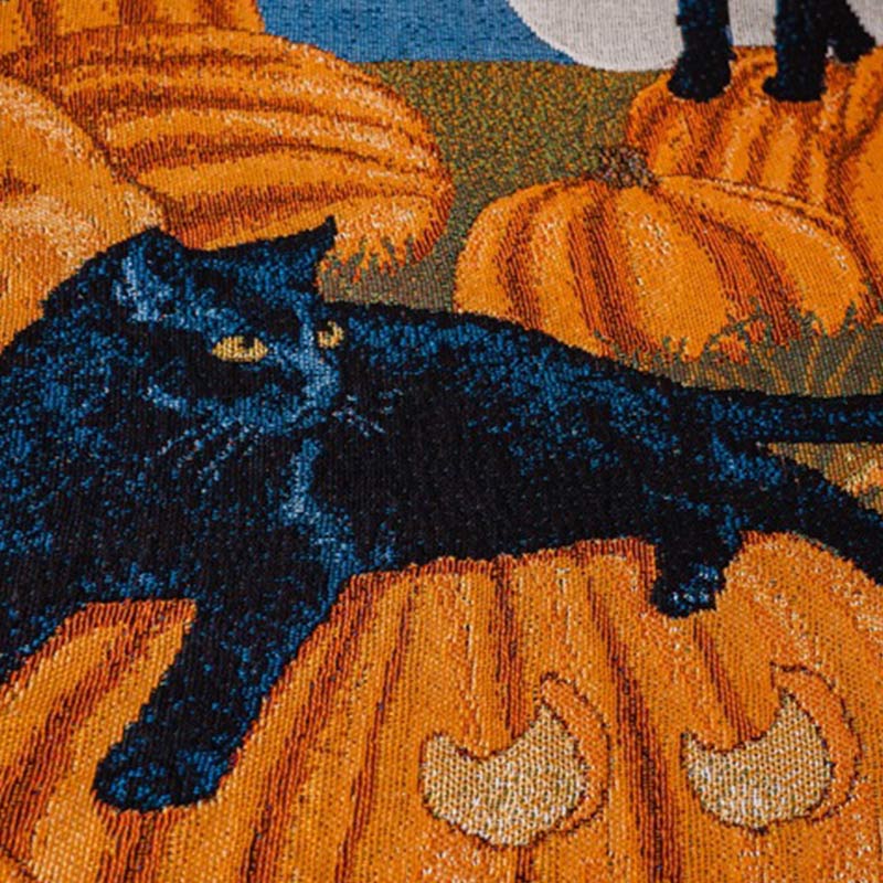 Black Cat Pumpkin Halloween Tassel Blanket