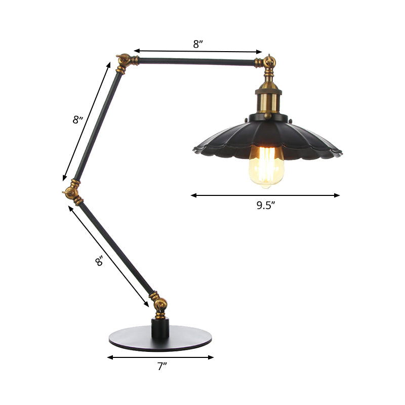 1 Bulb Study Room Table Lighting Vintage Stylish Adjustable Black/Brass Table Lamp with Scalloped Edge Metal Shade