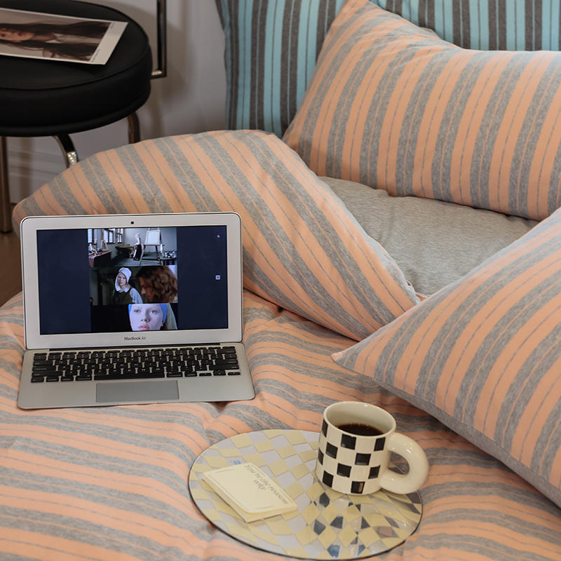 Green/Blue/Orange/Pink/Grey Yarn-Dyed Stripe Knit Fabric Duvet Cover Bedding Set Cotton Bedding Set