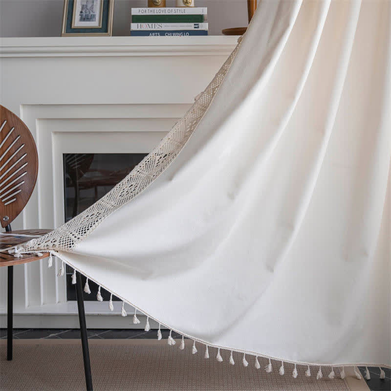 Beige Stitching Tassel Light Filtering Curtain