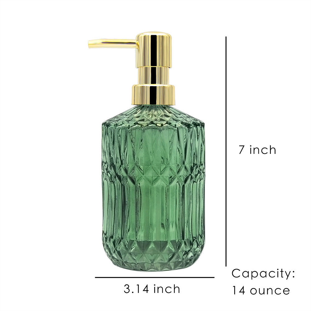 Clear Green Glass Soap Dispenser, Rhomb Pattern Pump Bottle, 400ml/14 oz
