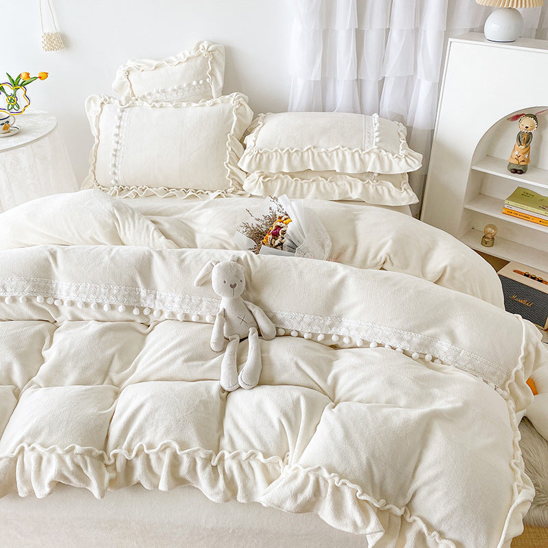 Thicken White Poly Milk Cashmere Flannel Duvet Cover Bedding Set