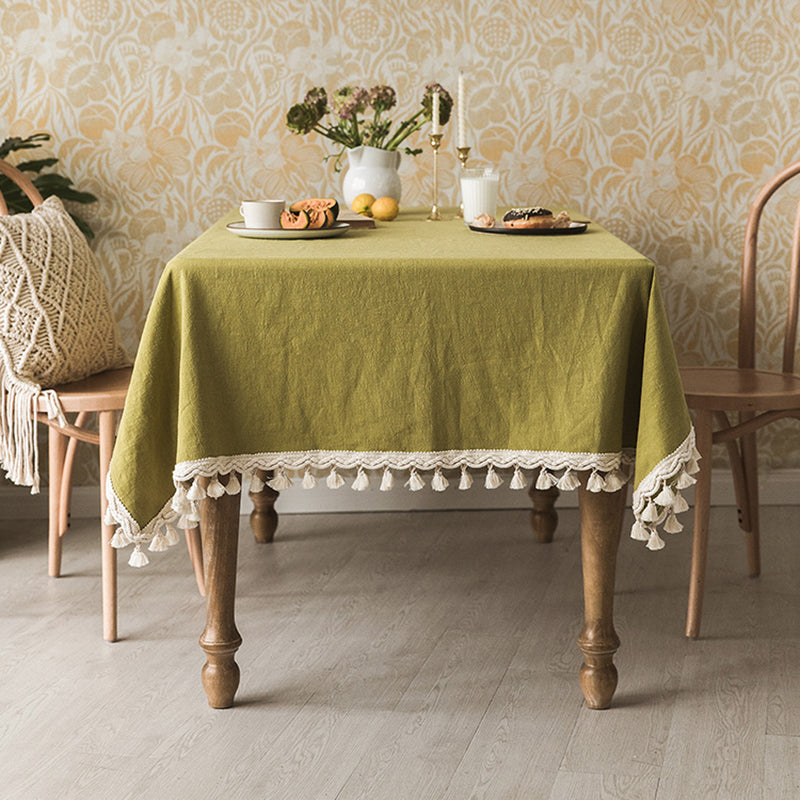 Nordic simple solid color tablecloth American tablecloth fabric cotton and linen retro Japanese tablecloth coffee table rectangular home Natural ramie fabric, washed and distressed texture, delicate cotton thread tassel
