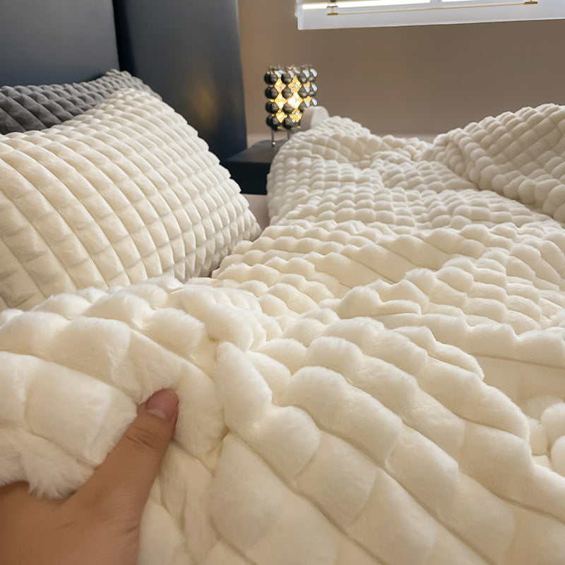 Solid Color Poly Rabbit Wool Flannel Puffy Duvet Cover Bedding Set