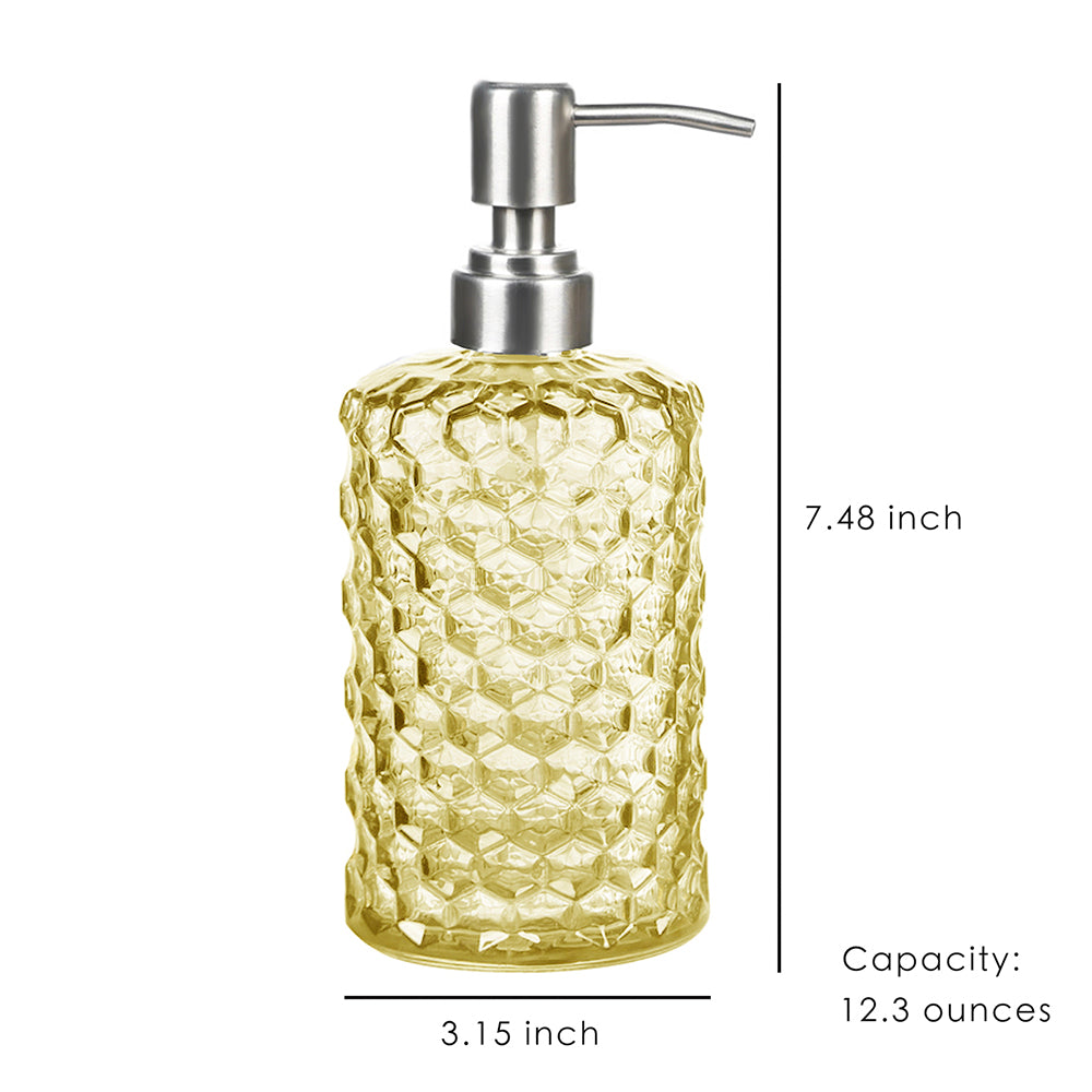 Yellow Glass Soap Dispenser, Honeycomb-Shape Pump Bottle, 360ml/12.3 oz