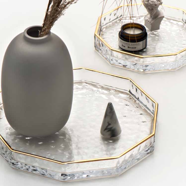 Nordic Style Golden Trimming Glass Decagon Tray, Cake Plate, Aromatherapy Tray, Jewelry Tray, Decoration Tray