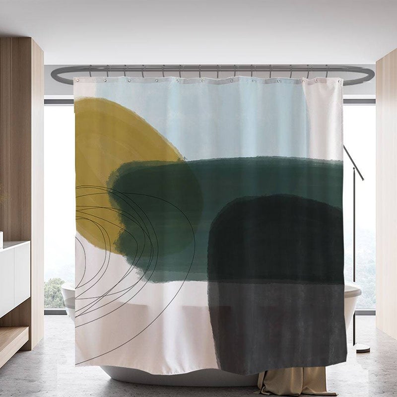 Feblilac Abstract Blue Green Color Shower Curtain with Hooks, Geometric Bathroom Curtains with Ring, Unique Bathroom décor, Boho Shower Curtain, Customized Bathroom Curtains, Extra Long Shower Curtain