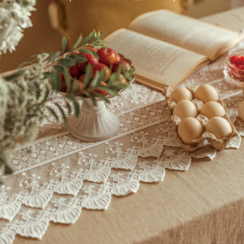 American Nordic white lace table flag long tablecloth light luxury coffee table dining table TV cabinet tablecloth shoe cabinet cloth cover towel Original design hand-woven pattern delicate pearl tassel hanging