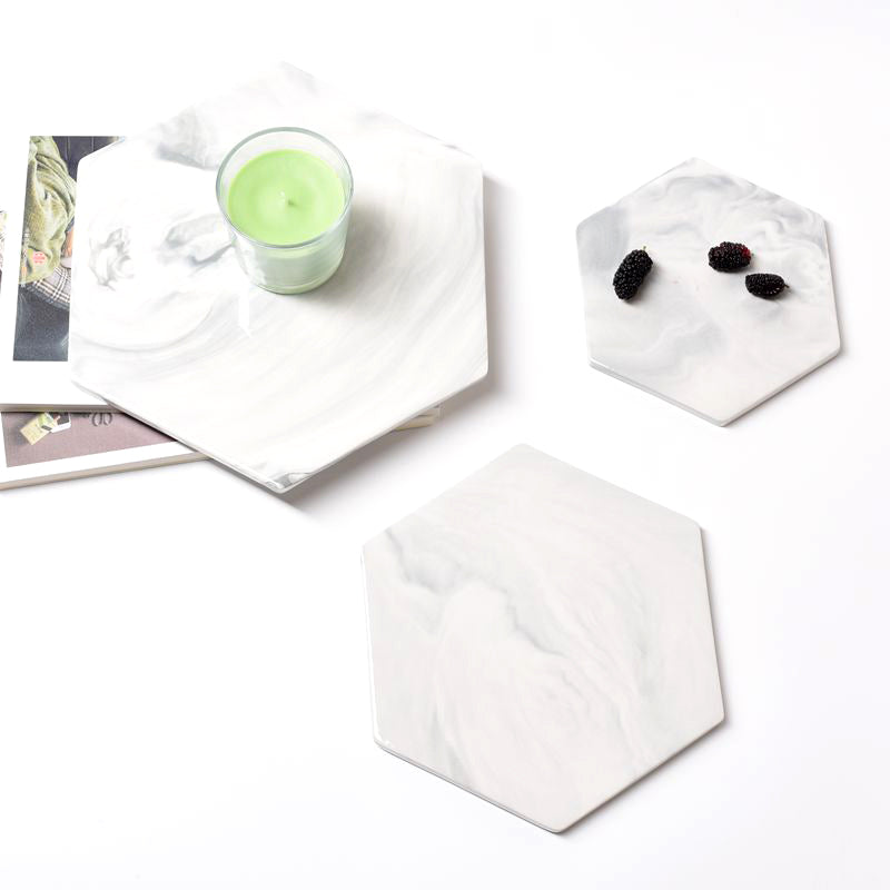 Nordic Style Marbled Pattern Hexagon and Round Ceramic Tray, Service Plate, Jewelry Tray, Decoration Tray