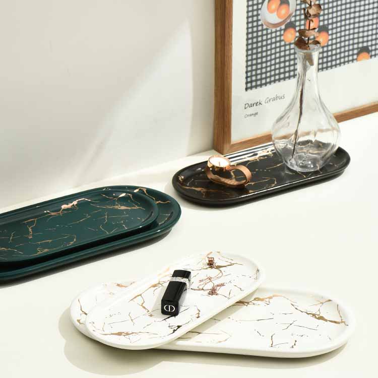 Nordic Style Light Luxury Gold Thread Marbled Ceramic Oval Green/White/Black Storage Tray, Service Plate, Jewelry Tray, Decoration Tray