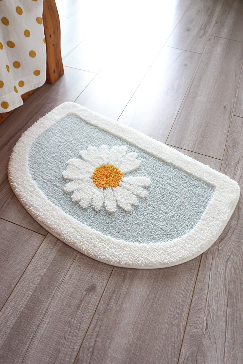 Semicircle Daisy Bathroom Mat, White Flower Bath Rug, Nature Bathroom Decor, Soft Water-Absorbent Mat for Bath Shower, Blue Brown
