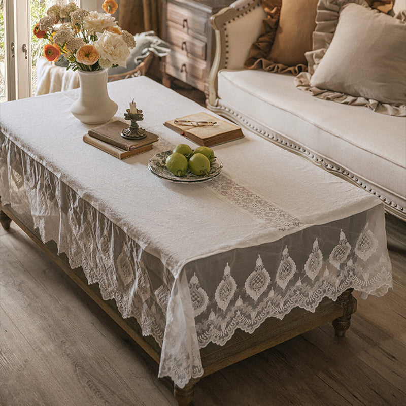 French lace tablecloth retro decorative hollow Nordic style tablecloth small round table coffee table white rectangular home Heavy Embroidery Lace Hem Natural Ramie Fabric Original Design