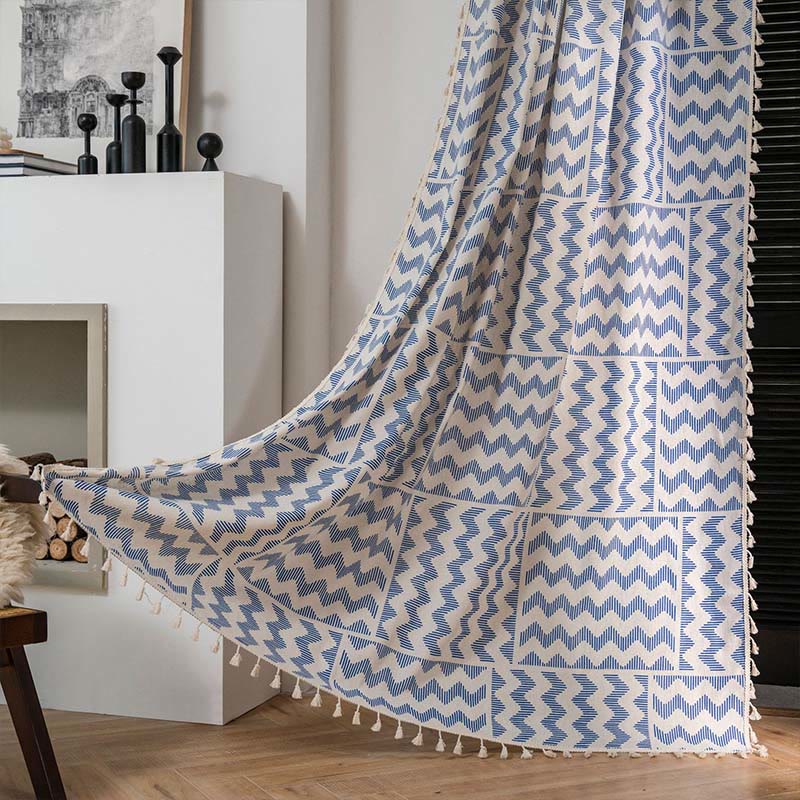 Blue Ripple Tassel Light Filtering Curtain
