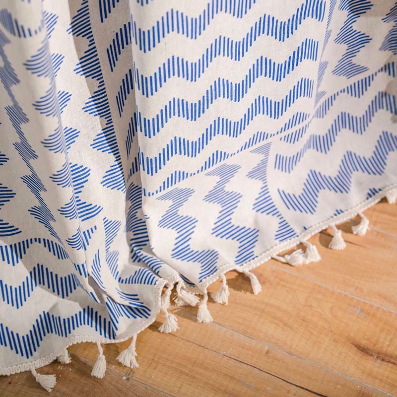 Blue Ripple Tassel Light Filtering Curtain