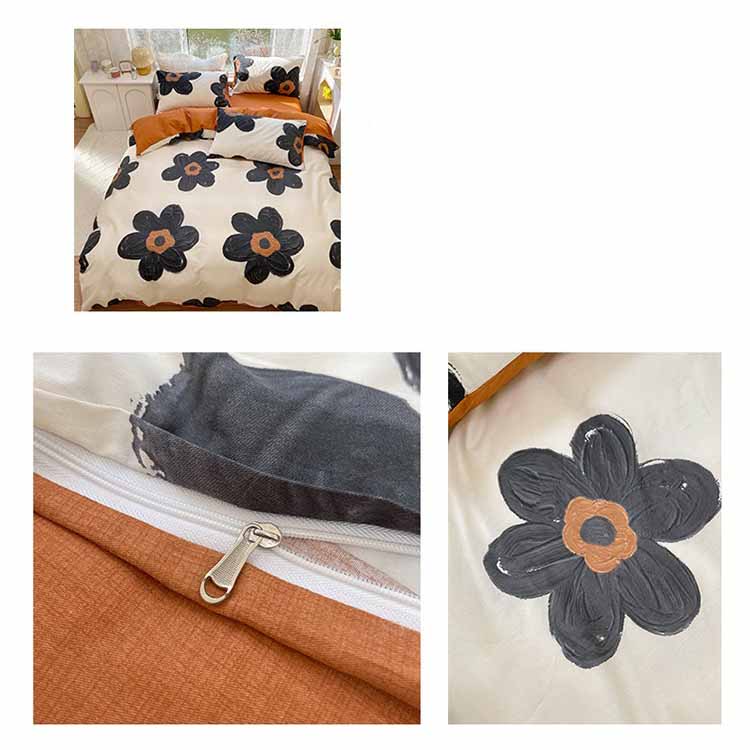 Black Orange Flowers Stripe Cream Bedding Set Washable 60s Cotton Duvet Cover Bedding Set