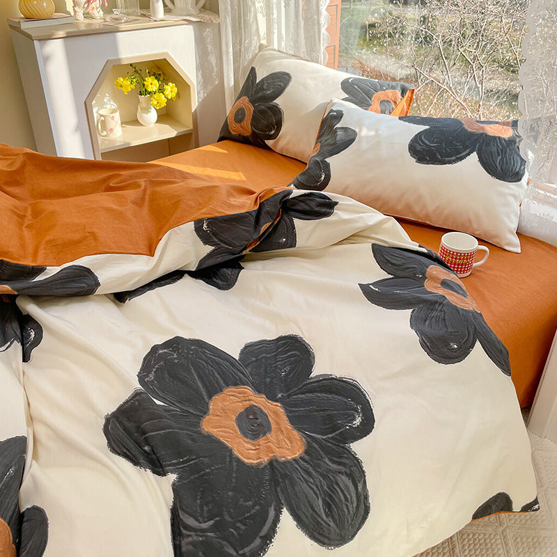Black Orange Flowers Stripe Cream Bedding Set Washable 60s Cotton Duvet Cover Bedding Set