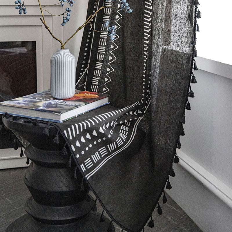 Black Tassel Geometric Cotton Linen Curtain