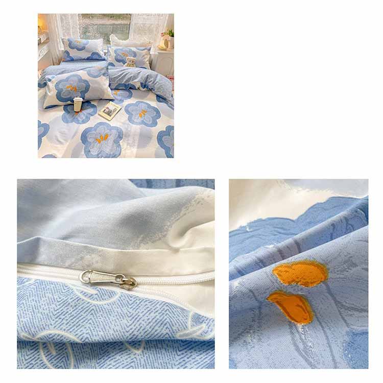 Blue Big Flower Bedding Set Washable 60s Cotton Duvet Cover Bedding Set