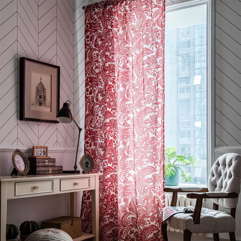Baroque Style Red Flower Light Filtering Curtain