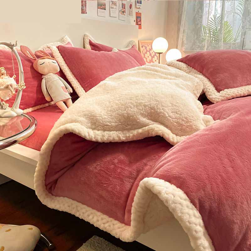 Poly Solid Milk Cashmere Flannel Berber Fleece Duvet Cover Bedding Set