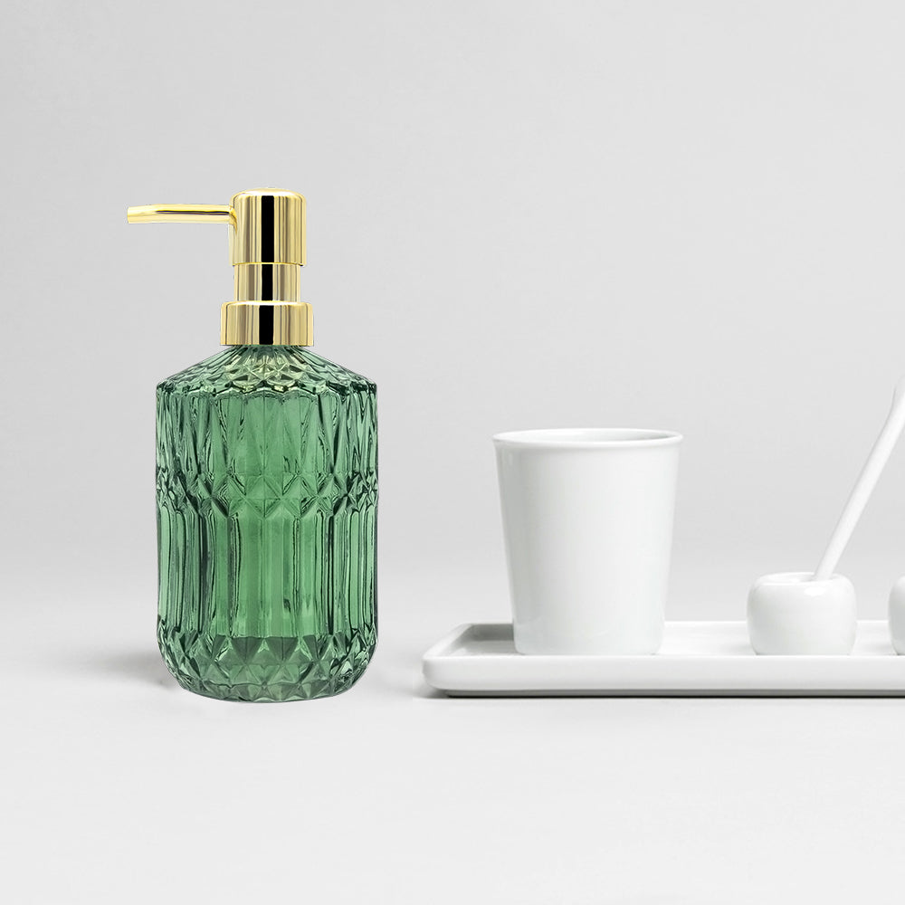 Clear Green Glass Soap Dispenser, Rhomb Pattern Pump Bottle, 400ml/14 oz