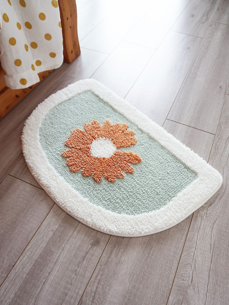 Semicircle Daisy Bathroom Mat, White Flower Bath Rug, Nature Bathroom Decor, Soft Water-Absorbent Mat for Bath Shower, Blue Brown