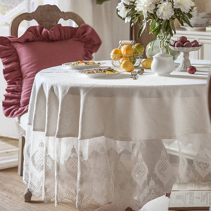 Large round table tablecloth Nordic solid color lace tablecloth net red ins white tablecloth retro cotton linen European tablecloth Natural ramie fabric cotton thread embroidery design fresh and natural style