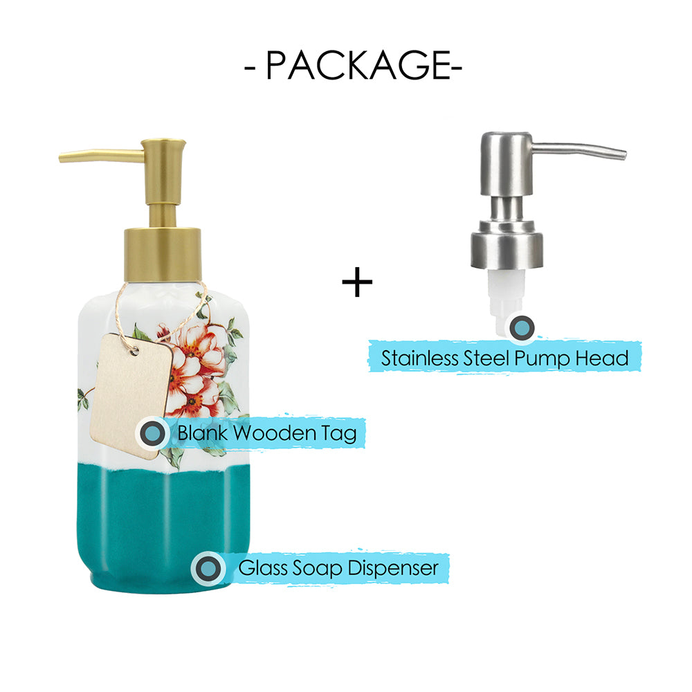 Floral Ceramic Soap Dispenser, Elegant-Design Pump Bottle, 350ml/12.3 oz