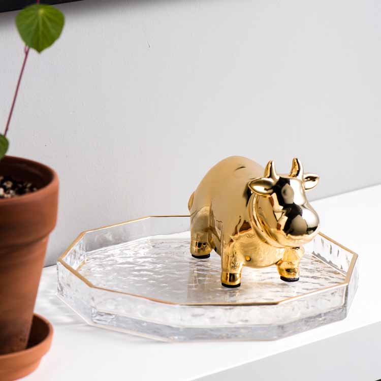 Nordic Style Golden Trimming Glass Decagon Tray, Cake Plate, Aromatherapy Tray, Jewelry Tray, Decoration Tray