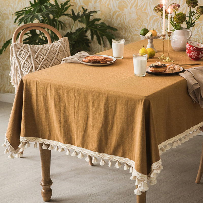 Nordic simple solid color tablecloth American tablecloth fabric cotton and linen retro Japanese tablecloth coffee table rectangular home Natural ramie fabric, washed and distressed texture, delicate cotton thread tassel