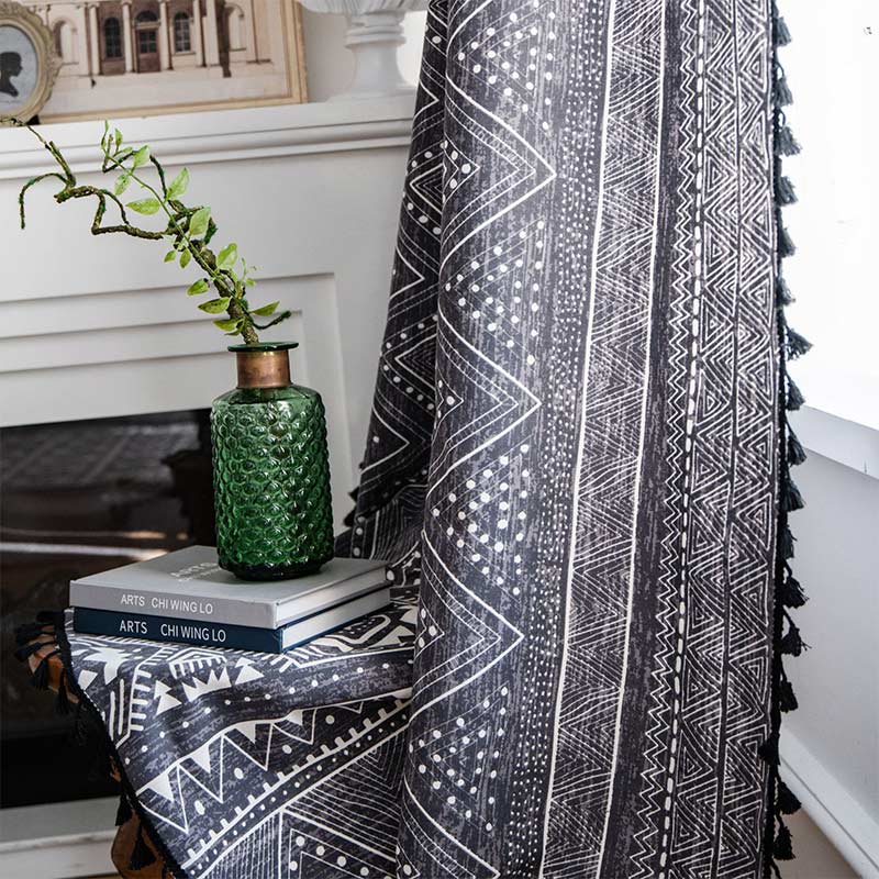 Bohemian Black Geometric Cotton Tassels Curtains