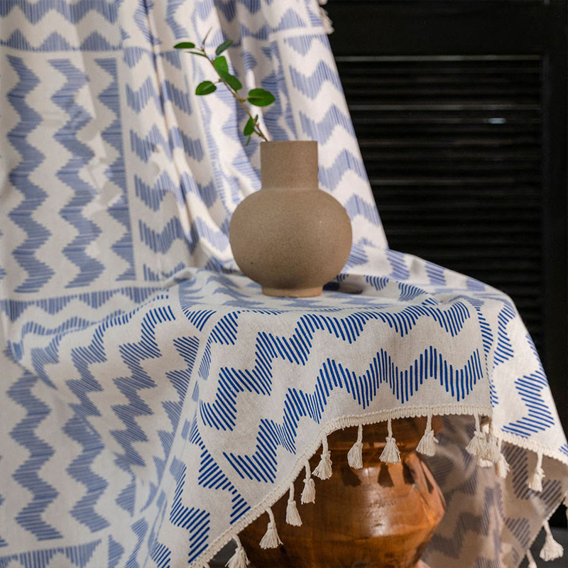 Blue Ripple Tassel Light Filtering Curtain