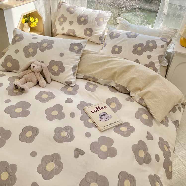 Grey Flowers Bedding Set Washable 60s Cotton Duvet Cover Bedding Set