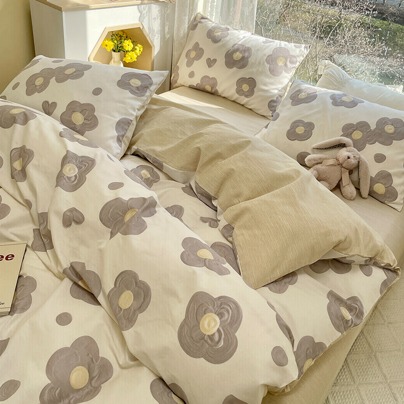 Grey Flowers Bedding Set Washable 60s Cotton Duvet Cover Bedding Set