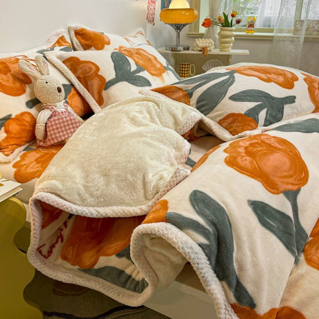 Poly Cute Orange Tulip Milk Cashmere Flannel Berber Fleece Duvet Cover Bedding Set