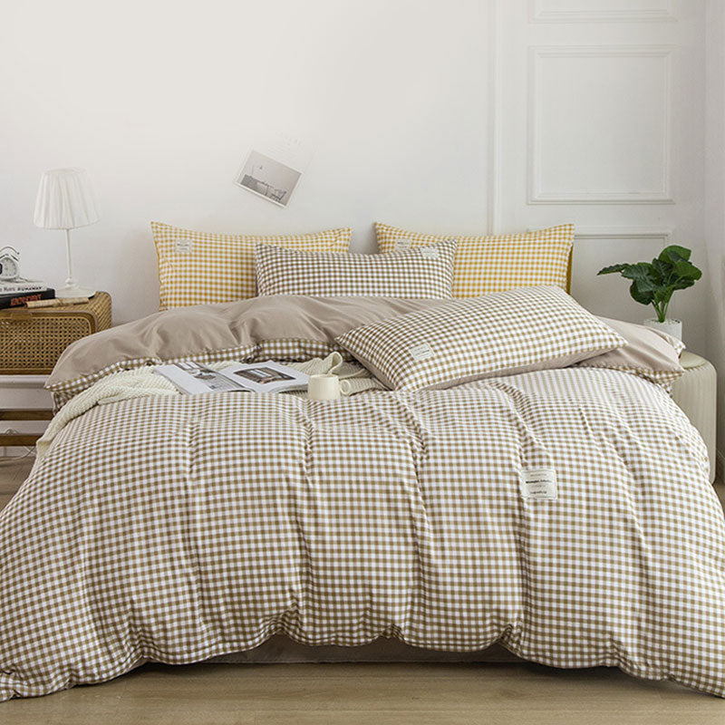 Beige Plaid Quilt Cover Bedsheet & 2*Pillowcases (4PCS)