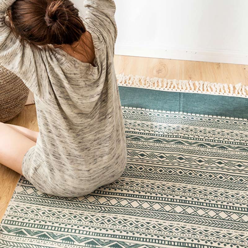 Bohemian Cotton Green Striped Area Rug