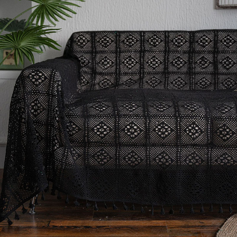 Black Hollow-Out Tassel Sofa Protector