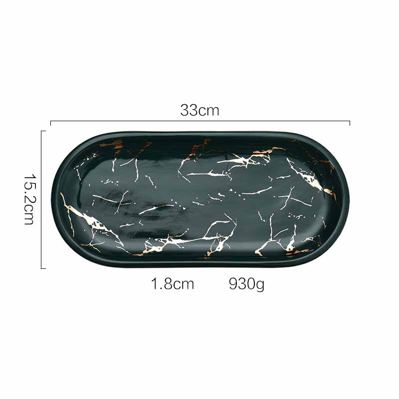 Nordic Style Light Luxury Gold Thread Marbled Ceramic Oval Green/White/Black Storage Tray, Service Plate, Jewelry Tray, Decoration Tray