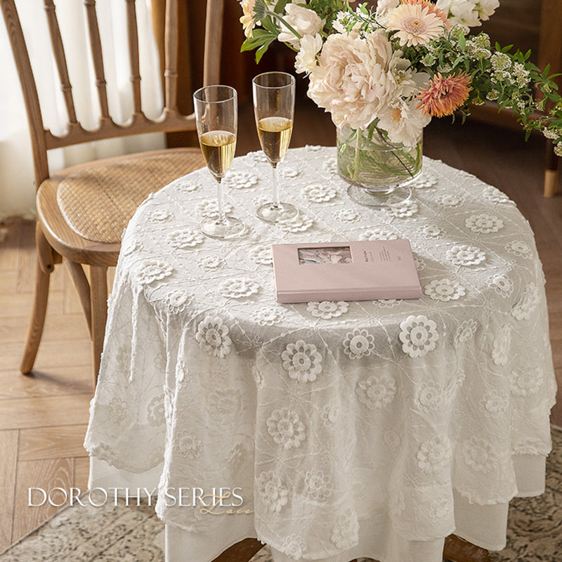 White tea high-end white lace tablecloth French Nordic ins light luxury cotton hemp style round tablecloth coffee table tablecloth