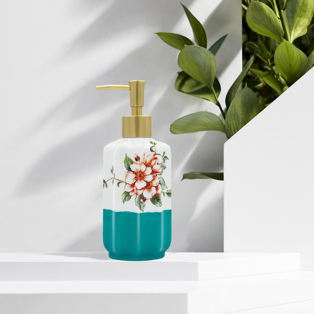 Floral Ceramic Soap Dispenser, Elegant-Design Pump Bottle, 350ml/12.3 oz
