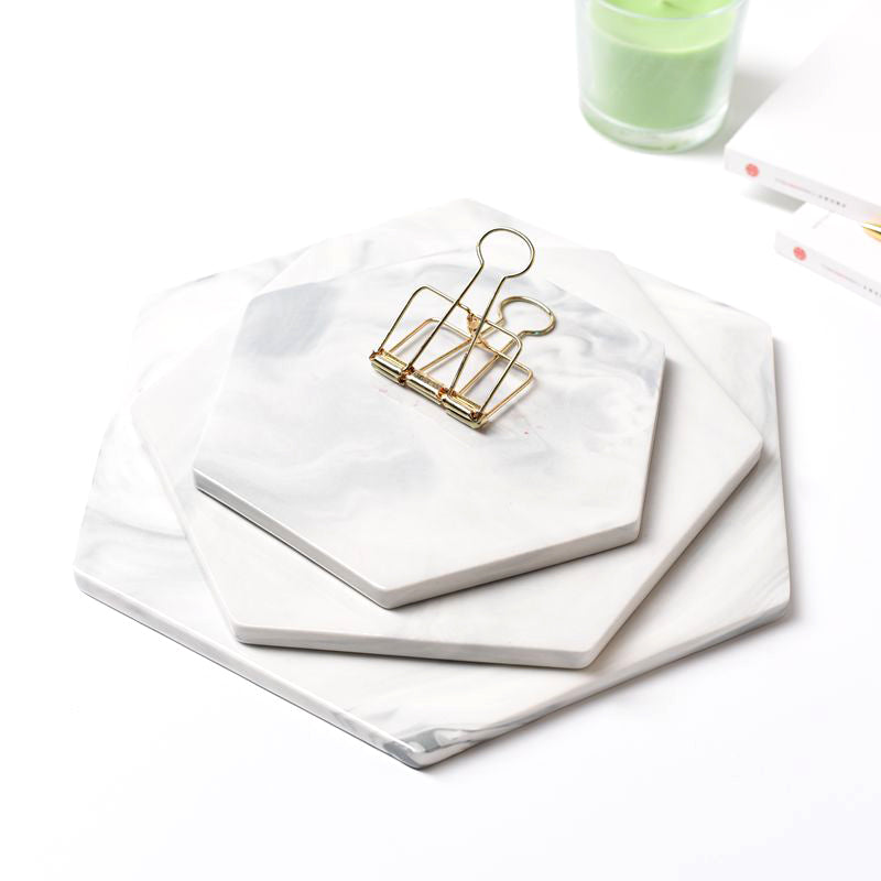 Nordic Style Marbled Pattern Hexagon and Round Ceramic Tray, Service Plate, Jewelry Tray, Decoration Tray
