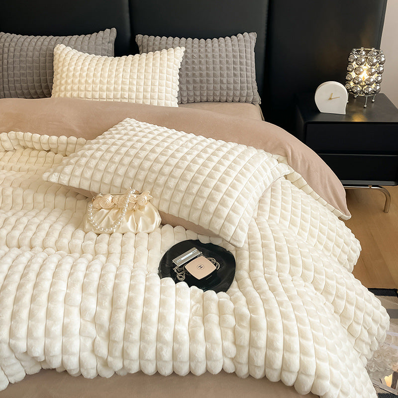 Solid Color Poly Rabbit Wool Flannel Puffy Duvet Cover Bedding Set